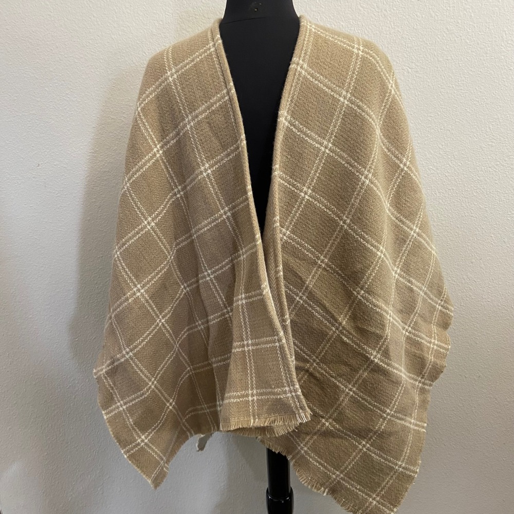 Lauren Ralph Lauren Womens Plaid Wrap Poncho‎ Cape Tan Acrylic One Size NEW